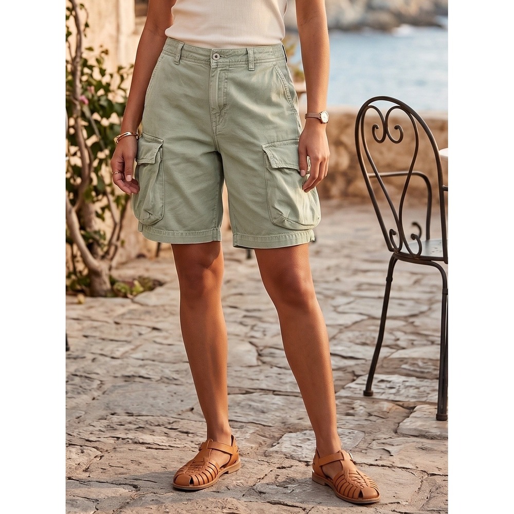Pull&Bear Utility Cargo Shorts Women's 10 Sage Green Relaxed Fit Cotton Gorpcore